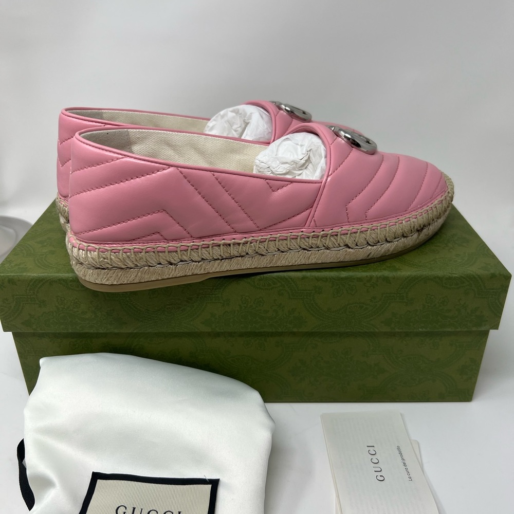 New Gucci Gg marmont double G Pink leather Quilted Charlotte Espadrilles flats - Picture 3 of 9